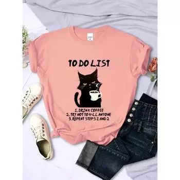 Черный кот Список дел Графические футболки Смешные коты Кофейные футболки Топы Футболки больших размеров Модные футболки Harajuku Мужские брендовые футболки S