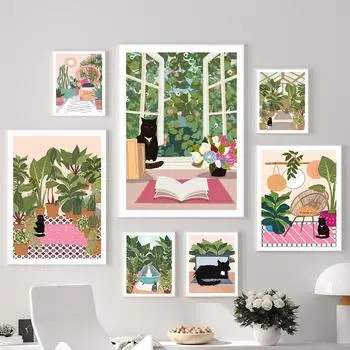 Черный Кот Теплица Художественный Принт Розовый Холст Плакат Винный Бар Богемный Кресло Фреска Открытая Ванна Роспись 21cm30cm NoFrame