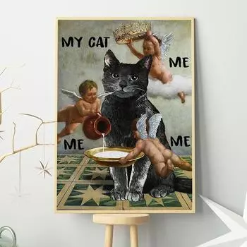 Черный кот в окружении ангелов Плакат и печать для любителей кошек Подарок Настенная живопись на холсте Винтажная кухня Домашнее животное Ванная комната Домашний декор 21x30cm No Framed
