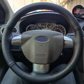 Черный кожаный чехол на руль автомобиля, сшитый вручную, для Ford Focus 2 2005 2006 2007 2008 2009
