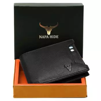 Черный кожаный кошелек для мужчин I 3 отделения для карт I 2 отделения для купюр I 1 окошко для удостоверения личности I 3 секретных отделения I Внешний слот для карт I 1 карман для монет