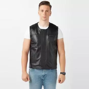 Черный кожаный жилет из натуральной кожи с короткой шерстью внутри