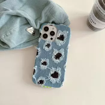 Черный кружевной джинсовый чехол для iPhone для телефонов Apple с множеством отверстий и мягкой оболочкой. Совместимо с моделями iPhone 12, 13, 14 и 15 Pro Max. iPhone 12 Pro чёрный