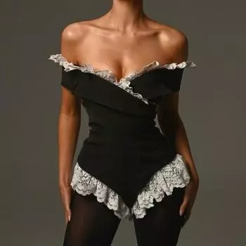 Черный кружевной комбинезон женский сексуальный кружевной комбинезон с открытыми плечами и высокой талией облегающий боди без рукавов облегающие женские наряды для вечеринок Y2k S чёрный
