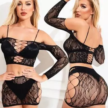 Черный кружевной комплект из двух частей юбки сексуальное женское белье эротические сорочки пижамы платье порно экзотические выдолбленные эротические костюмы One Size