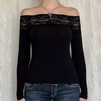 Черный кружевной топ с вырезом-лодочкой, элегантные сексуальные обтягивающие футболки с длинным рукавом для женщин, футболки Harajuku Y2k Autumn Tees Basic S чёрный
