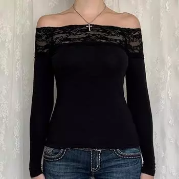 Черный кружевной топ с вырезом-лодочкой, элегантные сексуальные обтягивающие футболки с длинным рукавом для женщин, футболки Harajuku Y2k Autumn Tees Basic S чёрный