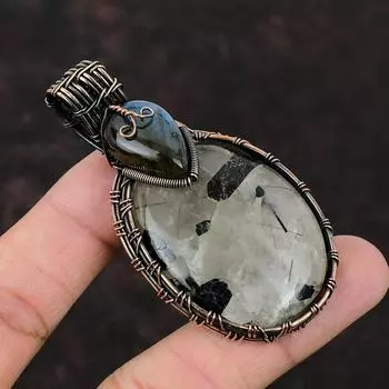 Черный кулон с рутилом, медная проволока, кулон с драгоценным камнем, черные медные украшения с рутилом, кулон с лабрадоритом, кулон ручной работы, ювелирные изделия для подарка