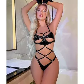 Черный лакированный цельный сексуальный крест нижнее белье стринги кролик девушка униформа искушение эротическое белье S