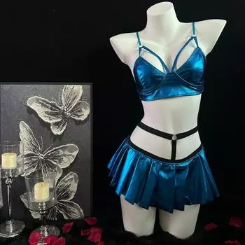 Черный лаковый стринги комплект сексуального нижнего белья женская страсть сексуальный трехточечный секс-бюстгальтер M