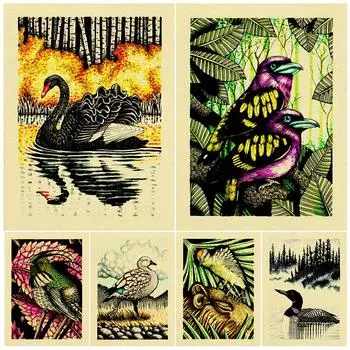 Черный лебедь, Медная нектарница, Зеленая цапля, Настенная печать Openbill Vitnage, иллюстрации летающих птиц и животных 21cm30cm NoFrame