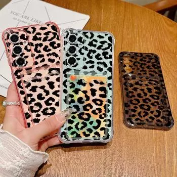 Черный леопардовый принт Мягкий силиконовый чехол для Samsung S24 FE S23 Ultra S22 A16 A15 A55 A35 A54 A34 A52 A14 Прозрачный слот для карт противоударный чехол для телефона Samsung S24 серый