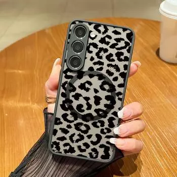 Черный леопардовый принт прозрачный матовый магнитный чехол для Samsung S24 FE S23 Ultra A55 A15 A35 A54 A34 для Magsafe Slim противоударный защитный объектив телефона чехол Samsung S24 FE чёрный