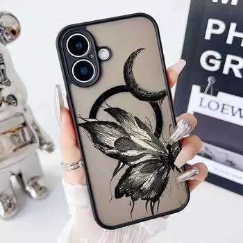 Черный магнитный чехол с рисунком бабочки для iPhone 16 Pro 15 14 Plus 13 12 Pro Max 11, ударопрочный, прозрачный, с мягкими краями, акриловый, жесткий, защитный чехол для линз iPhone 16 чёрный