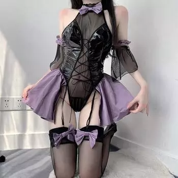 Черный маленький демон дьявол косплей костюм женское нижнее белье сексуальное непослушное боди платье с глянцевой искусственной кожей и завязками