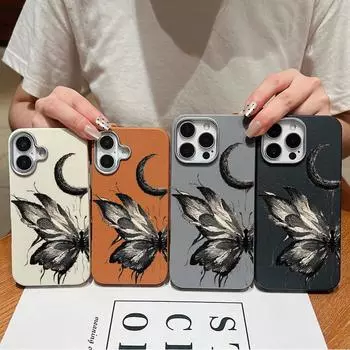 Черный матовый чехол TPU с принтом бабочки и луны для iPhone 16 Pro Max 15 Plus 14 Pro 13 12 11, мягкий противоударный защитный чехол для объектива, тонкий чехол для телефона iPhone 16 бежевый