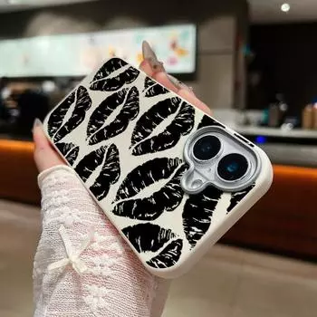 Черный матовый тонкий чехол с принтом губ для iPhone 16 Plus 15 Pro 14 Pro Max 13 12 11 XS XR 8 7 TPU мягкая кожаная текстура противоударный чехол для телефона iPhone 16 чёрный
