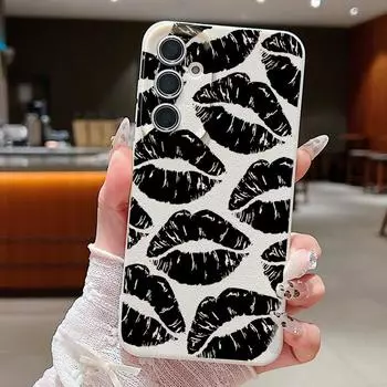 Черный матовый тонкий чехол с рисунком губ для Samsung S24 FE S23 S22 Ultra A16 A55 A54 A15 A35 кожаная текстура мягкий противоударный чехол для телефона из ТПУ Samsung S24 FE чёрный
