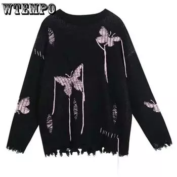 Черный модный женский свитер с дырочками и кисточками, свободный вязаный пуловер с вышивкой бабочки и длинными рукавами, джемпер в стиле панк, весна-осень S чёрный