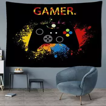Черный мультяшный гобелен для игровой консоли, настенный гобелен Kawaii Hippie Tapiz Art, минималистичный декор для детской комнаты, фоновая ткань 95x70CM