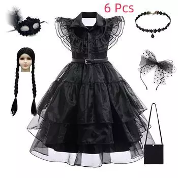 Черный нарядный костюм для девочек, костюм на день рождения, Хэллоуин, детский костюм для косплея, новинка 2024 года 110(3-4T) чёрный