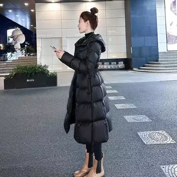 Черный новый 90 белый утиный пух 2024 зима темперамент тонкий пуховик женский средний и длинный утолщенный до колена куртка S чёрный