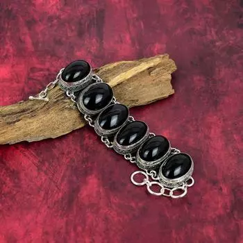 Черный обсидиан браслет ювелирные изделия ручной работы, 925 стерлингового серебра браслет дизайнерские драгоценные камни ювелирные изделия регулируемый браслет-цепочка подарок для мамы Adjustable with 8 inches чёрный