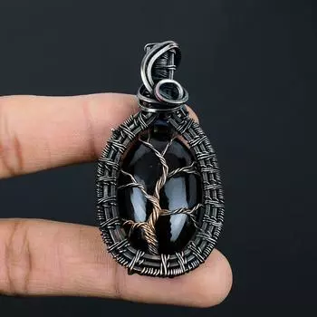 Черный обсидиановый драгоценный камень ручной работы из чистой медной проволоки, ювелирный кулон для женщин 2.56 Inches чёрный
