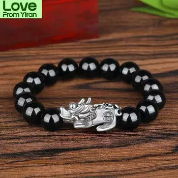Черный обсидиановый камень буддизм шесть слов Pixiu браслет из бисера счастливый амулет ювелирные изделия