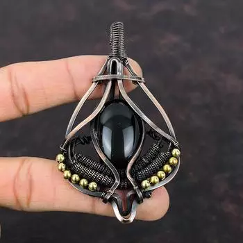 Черный обсидиановый кулон, обернутый медной проволокой, драгоценный камень, кулон ручной работы, медные украшения, уникальный стиль, кулон, обернутый проволокой, ювелирные изделия для подарка