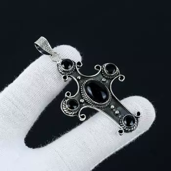 Черный оникс, черный драгоценный камень шпинель, серебро 925 пробы ручной работы, ожерелье из черного оникса, ювелирный камень из черного оникса, подарок для мамы 2.55 чёрный