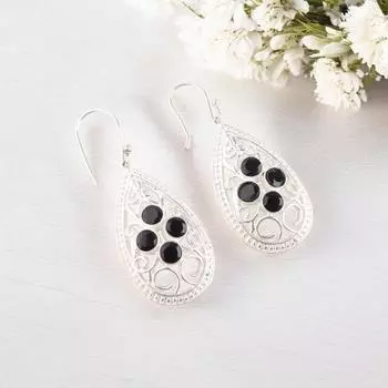 Черный оникс Драгоценный камень 925 Стерлинговое серебро Ручная работа Серьги 2,25 Подарок для жены CE-17-13