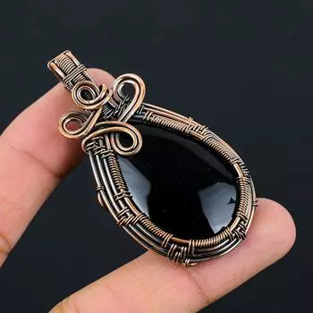 Черный оникс Драгоценный камень Чистая медная проволока Обернутая ювелирная подвеска ручной работы 2.60 Inches чёрный