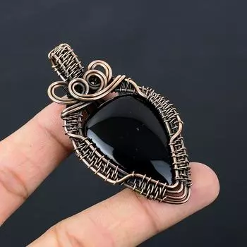 Черный оникс, драгоценный камень, чистая медная проволока, обернутая подвеской ручной работы, ювелирное изделие для нее 2.99 Inches чёрный