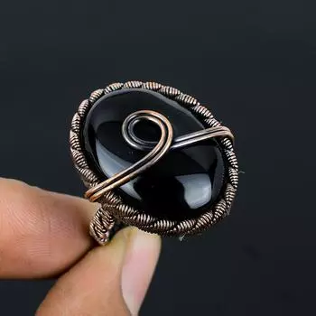 Черный оникс драгоценный камень медная проволока обернутая кольцо ювелирных изделий ручной работы весь размер для нее 4 чёрный