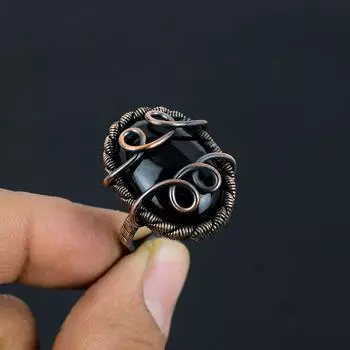 Черный оникс драгоценный камень медная проволока обернутые ювелирные изделия ручной работы все кольцо размера для нее 4 чёрный
