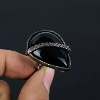 Черный оникс драгоценный камень медная проволока обернутые ювелирные изделия ручной работы все кольцо размера для нее 4 чёрный