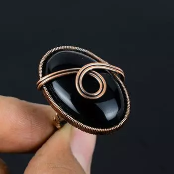 Черный оникс драгоценный камень медная проволока обернутый ювелирное кольцо ручной работы подарок для нее 4 чёрный