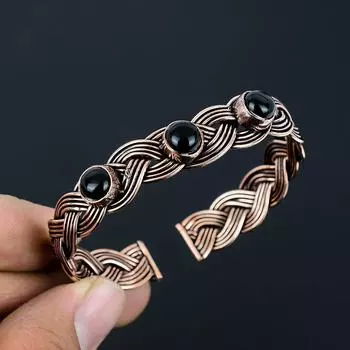 Черный оникс, драгоценный камень, медная проволока ручной работы, ювелирные изделия, регулируемые милые манжеты для нее Adjustable чёрный