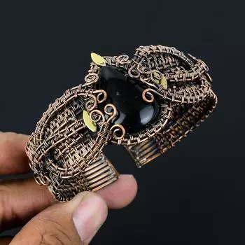 Черный оникс, драгоценный камень, медная проволока ручной работы, ювелирные изделия, регулируемые милые манжеты для нее Adjustable чёрный