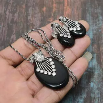 Черный оникс, драгоценный камень, ожерелье из стерлингового серебра 925 пробы ручной работы + серьги, комплект ювелирных изделий для нее чёрный