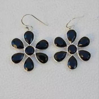 Черный оникс, драгоценный камень, твердое серебро 925 пробы, дизайнерские серьги ручной работы, женские подарочные ювелирные изделия, цветочные серьги