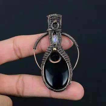 Черный оникс и лунный камень, драгоценные камни, ювелирные изделия ручной работы из стерлингового серебра 925 пробы, прекрасный кулон для нее 2.95 Inches чёрный