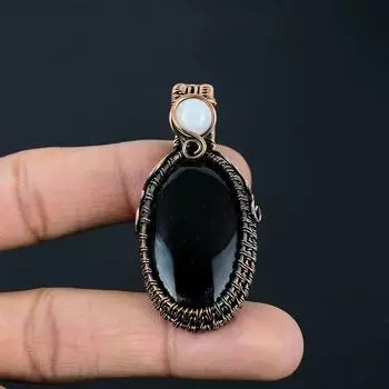 Черный оникс и лунный камень, драгоценный камень, кулон ручной работы из чистой медной проволоки, ювелирное изделие для женщин 2.48 Inches чёрный