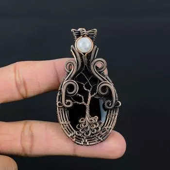 Черный оникс и лунный камень, драгоценный камень, кулон ручной работы из чистой медной проволоки, ювелирное изделие на День памяти 2.56 Inches чёрный