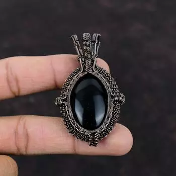 Черный Оникс Кулон Медная Проволока Обернутые Ювелирные Изделия Кулон Натуральный Драгоценный Камень Дизайнерские Ювелирные Изделия Ручной Работы Медная Проволока Обернутый Кулон Подарок Для Женщин