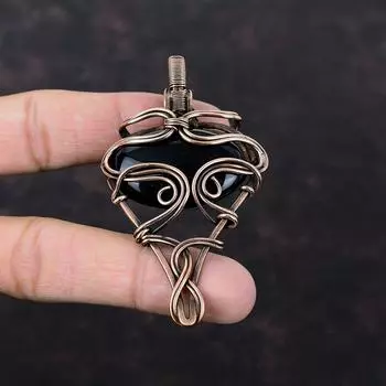 Черный оникс, медный кулон, кулон в проволочной обертке, кулон из натурального драгоценного камня, новый кулон ручной работы, медная проволока, ювелирный подарок для нее