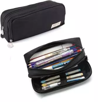 Черный пенал с большим пространством для хранения, 2 отделения, двусторонний открывающийся органайзер для канцелярских принадлежностей для школьников