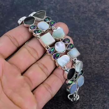 Черный перламутр, браслет с мистическим топазом и драгоценными камнями, браслет из стерлингового серебра 925 пробы, подарок для женщин, браслет ручной работы Adjustable with 8 inches чёрный