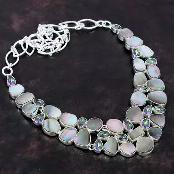 Черный перламутр, мистический топаз, драгоценный камень, ожерелье, ювелирные изделия, ожерелье из стерлингового серебра 925 пробы, регулируемая цепочка, ожерелье, подарок для жены, ювелирные изделия ручной работы 18 inches with adjustable чёрный